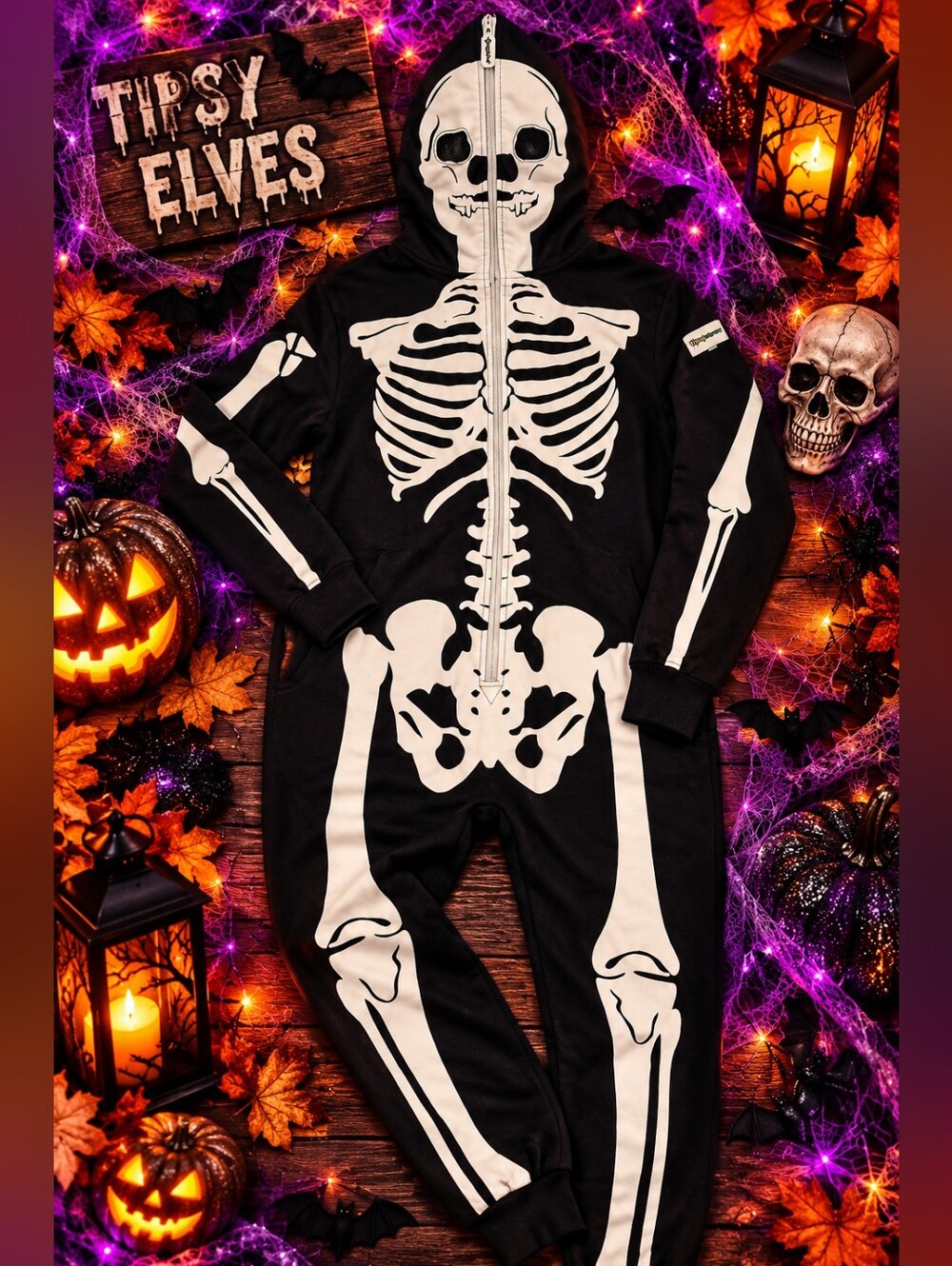 Tipsy Elves Skeleton Costume Women’s M Full Zip Face Onesie Halloween